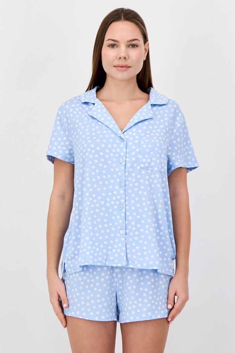 NINE WEST Women 2 Pieces Polka Dots Shirt And Shorts Pajama Set, Blue - Image 1